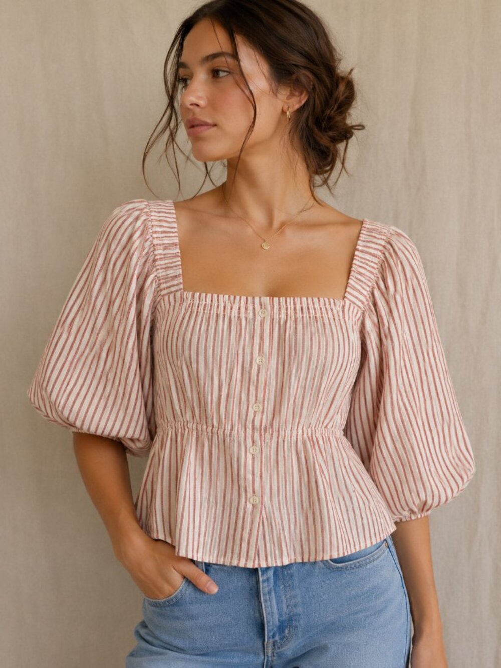 Cottagecore Striped Peasant Blouse XS Puff Sleeve Coastal Edwardian Top